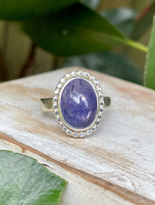 Tanzanite Ring - Purple Tanzanite Ring with Silver Beaded Surround - Kathy Sayce Jewellery