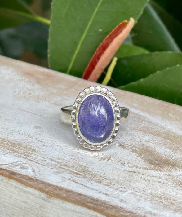 Tanzanite Ring - Purple Tanzanite Ring with Silver Beaded Surround - Kathy Sayce Jewellery