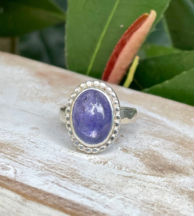 Tanzanite Ring - Purple Tanzanite Ring with Silver Beaded Surround - Kathy Sayce Jewellery