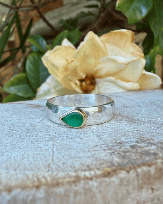Tear Shaped Emerald set in 9ct Gold - Sterling Silver Band - Kathy Sayce Jewellery