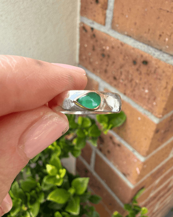 Tear Shaped Emerald set in 9ct Gold - Sterling Silver Band - Kathy Sayce Jewellery