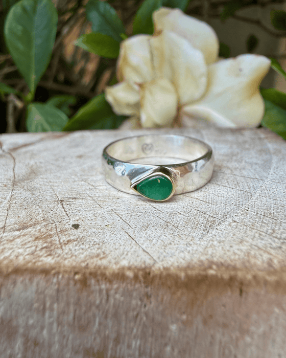 Tear Shaped Emerald set in 9ct Gold - Sterling Silver Band - Kathy Sayce Jewellery