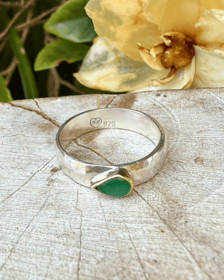 Tear Shaped Emerald set in 9ct Gold - Sterling Silver Band - Kathy Sayce Jewellery