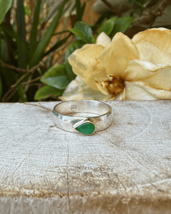Tear Shaped Emerald set in 9ct Gold - Sterling Silver Band - Kathy Sayce Jewellery
