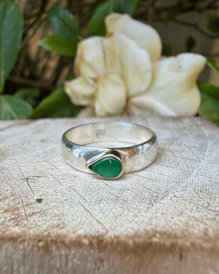 Tear Shaped Emerald set in 9ct Gold - Sterling Silver Band - Kathy Sayce Jewellery