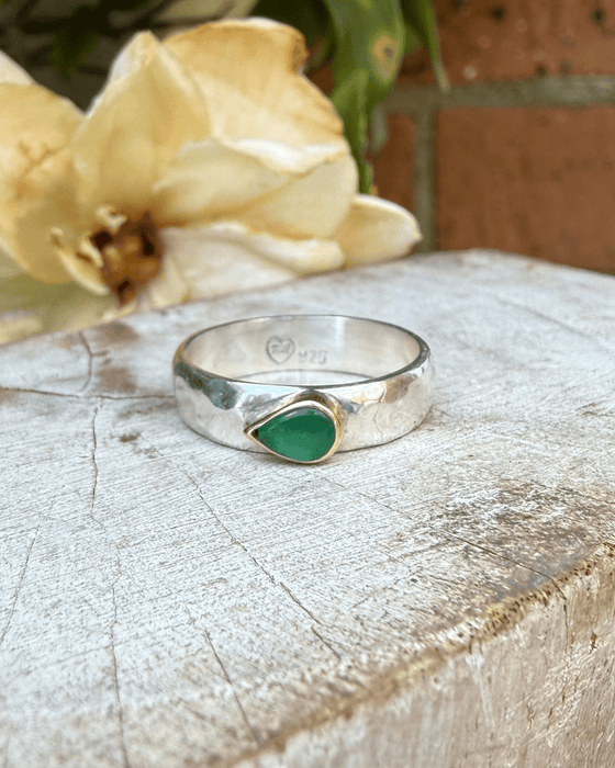 Tear Shaped Emerald set in 9ct Gold - Sterling Silver Band - Kathy Sayce Jewellery