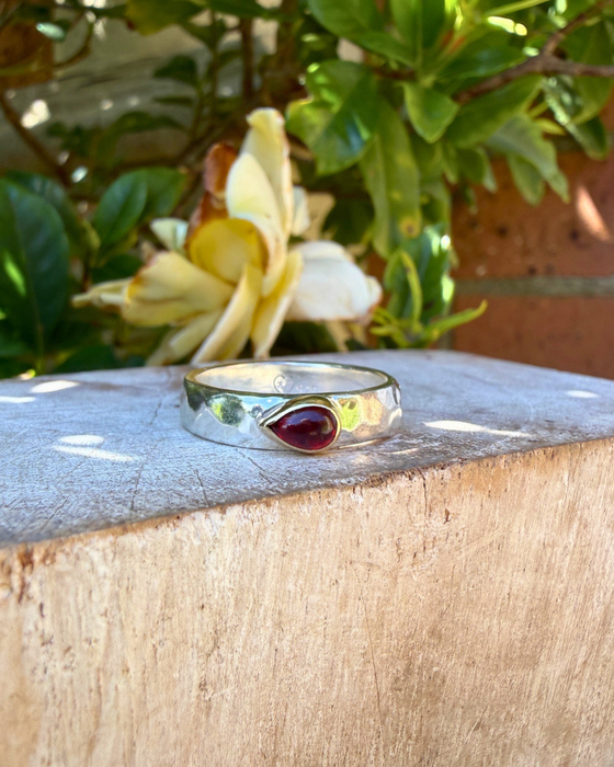 Tear Shaped Red Garnet set in 9ct Gold - Sterling Silver Band - Kathy Sayce Jewellery