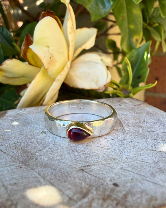 Tear Shaped Red Garnet set in 9ct Gold - Sterling Silver Band - Kathy Sayce Jewellery