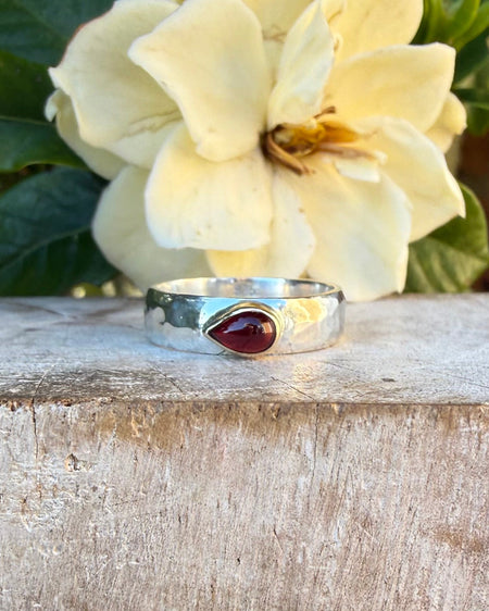 Tear Shaped Red Garnet set in 9ct Gold - Sterling Silver Band - Kathy Sayce Jewellery