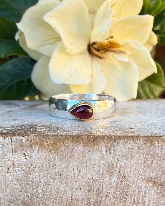 Tear Shaped Red Garnet set in 9ct Gold - Sterling Silver Band - Kathy Sayce Jewellery