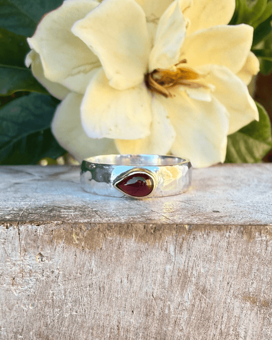 Tear Shaped Red Garnet set in 9ct Gold - Sterling Silver Band - Kathy Sayce Jewellery