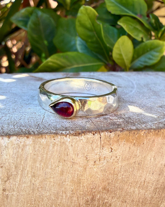 Tear Shaped Red Garnet set in 9ct Gold - Sterling Silver Band - Kathy Sayce Jewellery