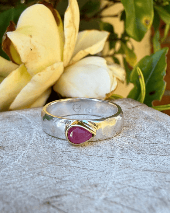 Tear Shaped Rose Cut Pink Ruby set in 9ct Gold - Sterling Silver Band - Kathy Sayce Jewellery