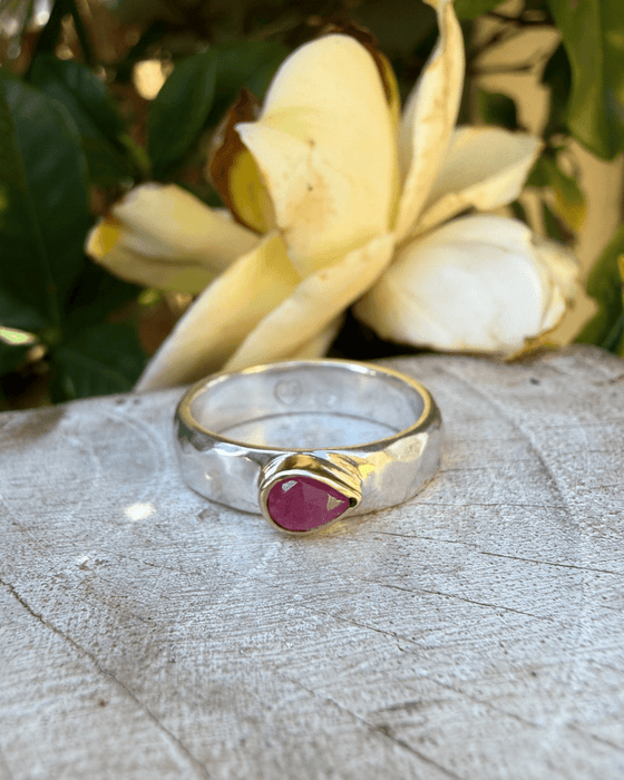 Tear Shaped Rose Cut Pink Ruby set in 9ct Gold - Sterling Silver Band - Kathy Sayce Jewellery