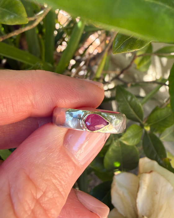 Tear Shaped Rose Cut Pink Ruby set in 9ct Gold - Sterling Silver Band - Kathy Sayce Jewellery