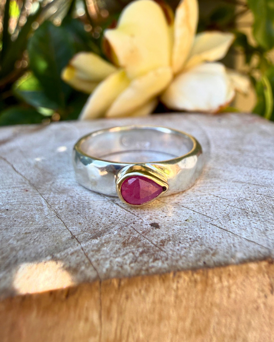 Tear Shaped Rose Cut Pink Ruby set in 9ct Gold - Sterling Silver Band - Kathy Sayce Jewellery