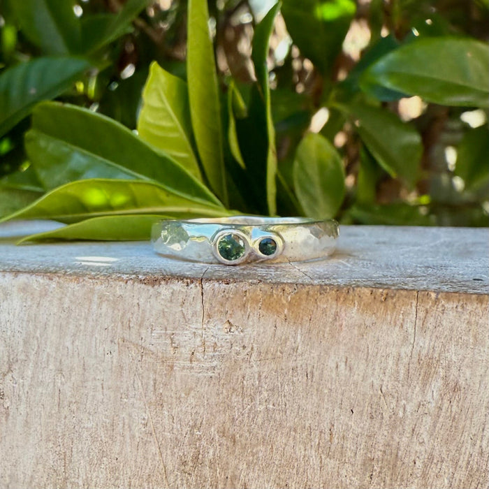 Treasure Ring - Organic Sterling Silver Band Set with Blue - Green Tourmaline - Kathy Sayce Jewellery