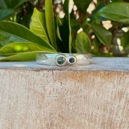 Treasure Ring - Organic Sterling Silver Band Set with Blue - Green Tourmaline - Kathy Sayce Jewellery