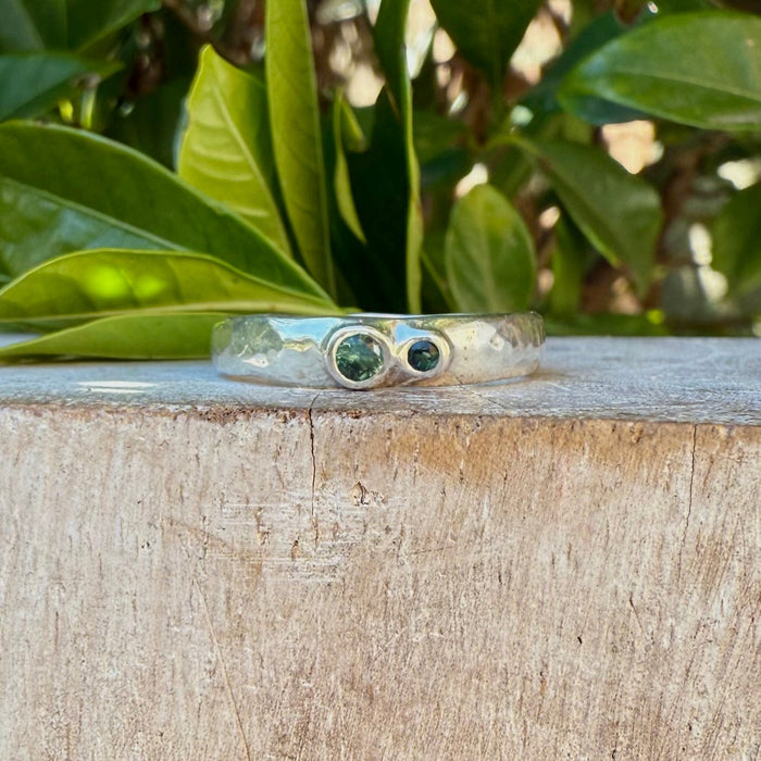 Treasure Ring - Organic Sterling Silver Band Set with Blue - Green Tourmaline - Kathy Sayce Jewellery