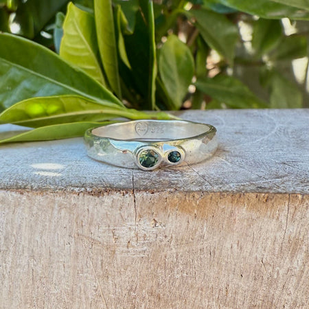 Treasure Ring - Organic Sterling Silver Band Set with Blue - Green Tourmaline - Kathy Sayce Jewellery