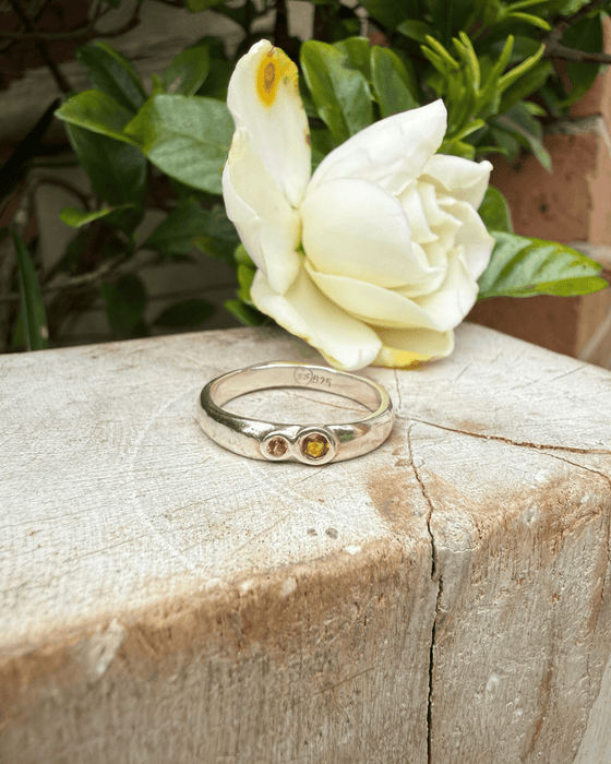 Treasure Ring - Organic Sterling Silver Band Set with Citrine and Rhodolite Garnet - Kathy Sayce Jewellery