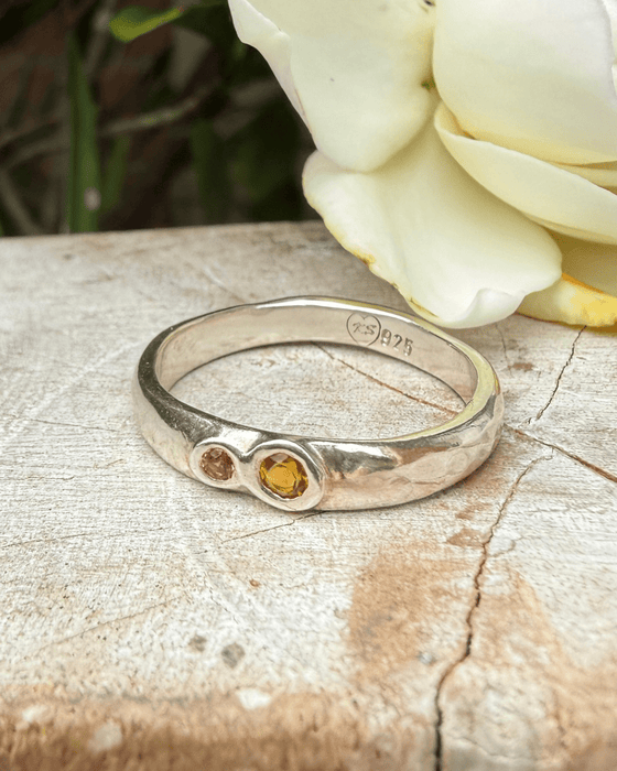 Treasure Ring - Organic Sterling Silver Band Set with Citrine and Rhodolite Garnet - Kathy Sayce Jewellery