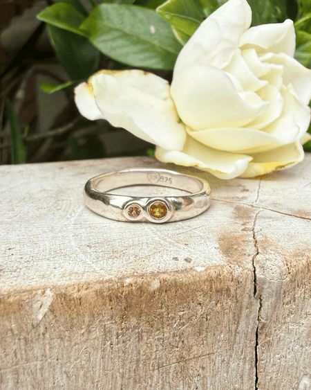 Treasure Ring - Organic Sterling Silver Band Set with Citrine and Rhodolite Garnet - Kathy Sayce Jewellery
