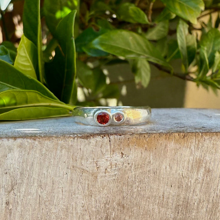 Treasure Ring - Organic Sterling Silver Band Set with Garnet and Sapphire - Kathy Sayce Jewellery