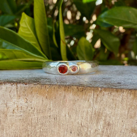 Treasure Ring - Organic Sterling Silver Band Set with Garnet and Sapphire - Kathy Sayce Jewellery