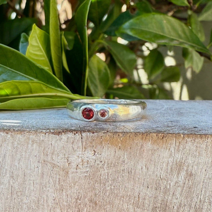 Treasure Ring - Organic Sterling Silver Band Set with Garnet and Sapphire - Kathy Sayce Jewellery