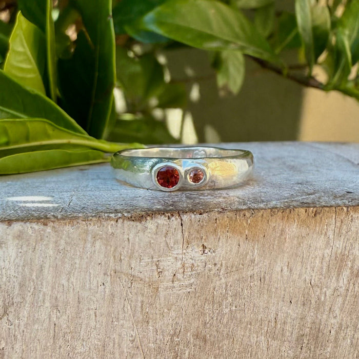 Treasure Ring - Organic Sterling Silver Band Set with Garnet and Sapphire - Kathy Sayce Jewellery