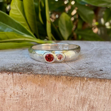 Treasure Ring - Organic Sterling Silver Band Set with Garnet and Sapphire - Kathy Sayce Jewellery