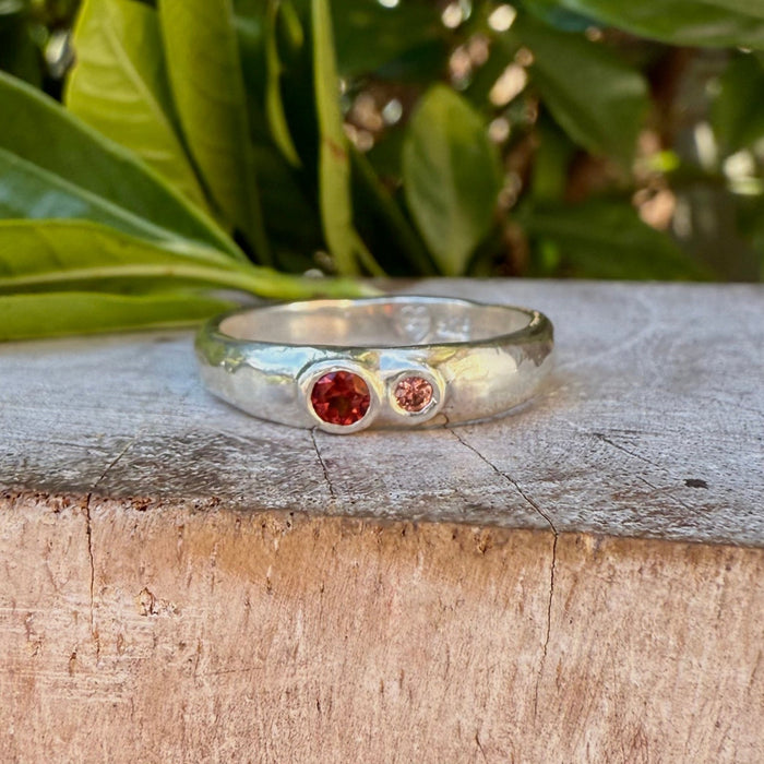 Treasure Ring - Organic Sterling Silver Band Set with Garnet and Sapphire - Kathy Sayce Jewellery