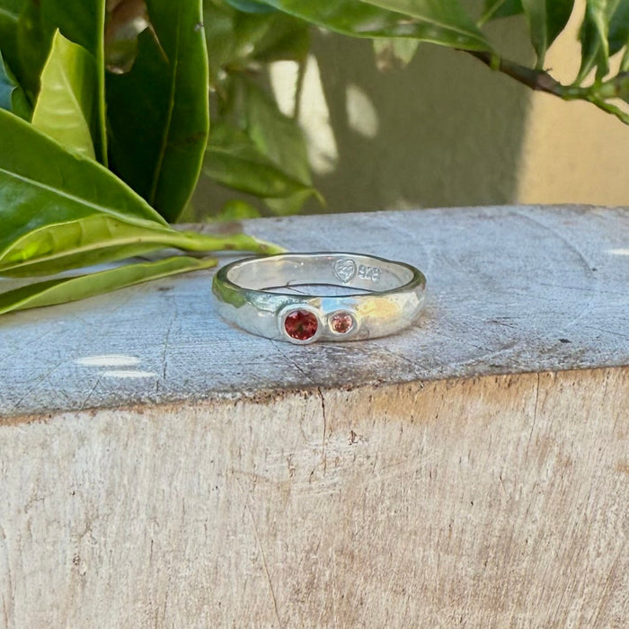 Treasure Ring - Organic Sterling Silver Band Set with Garnet and Sapphire - Kathy Sayce Jewellery