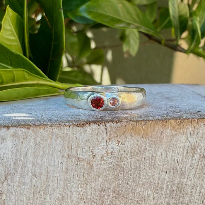 Treasure Ring - Organic Sterling Silver Band Set with Garnet and Sapphire - Kathy Sayce Jewellery
