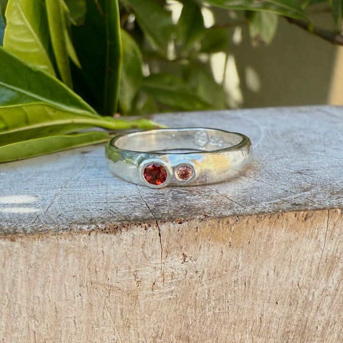 Treasure Ring - Organic Sterling Silver Band Set with Garnet and Sapphire - Kathy Sayce Jewellery