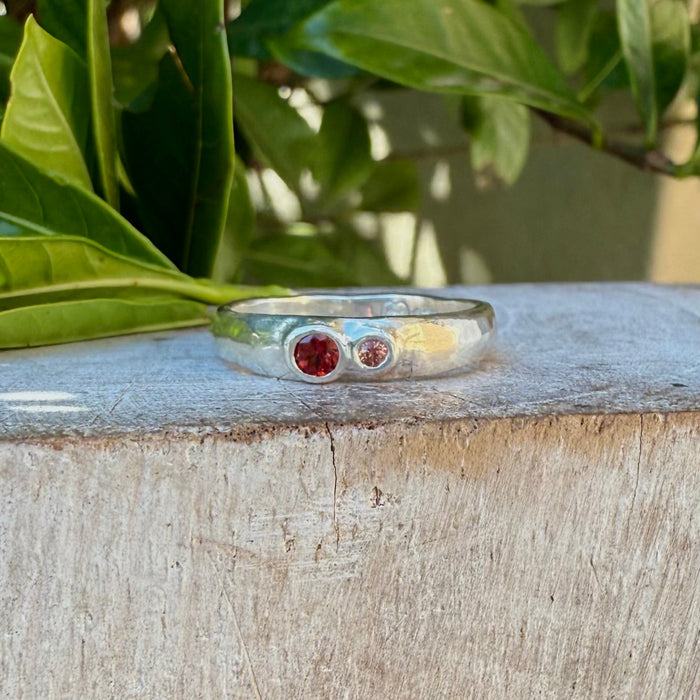 Treasure Ring - Organic Sterling Silver Band Set with Garnet and Sapphire - Kathy Sayce Jewellery