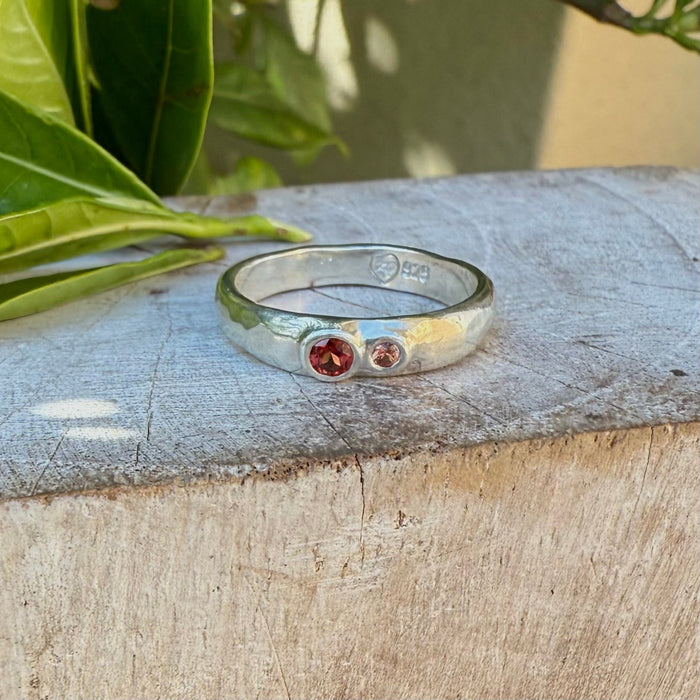 Treasure Ring - Organic Sterling Silver Band Set with Garnet and Sapphire - Kathy Sayce Jewellery
