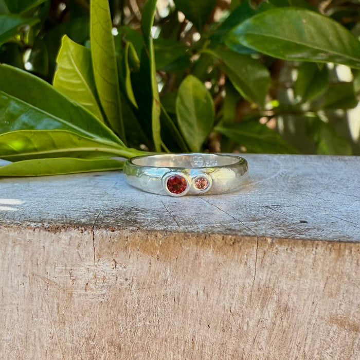 Treasure Ring - Organic Sterling Silver Band Set with Garnet and Sapphire - Kathy Sayce Jewellery