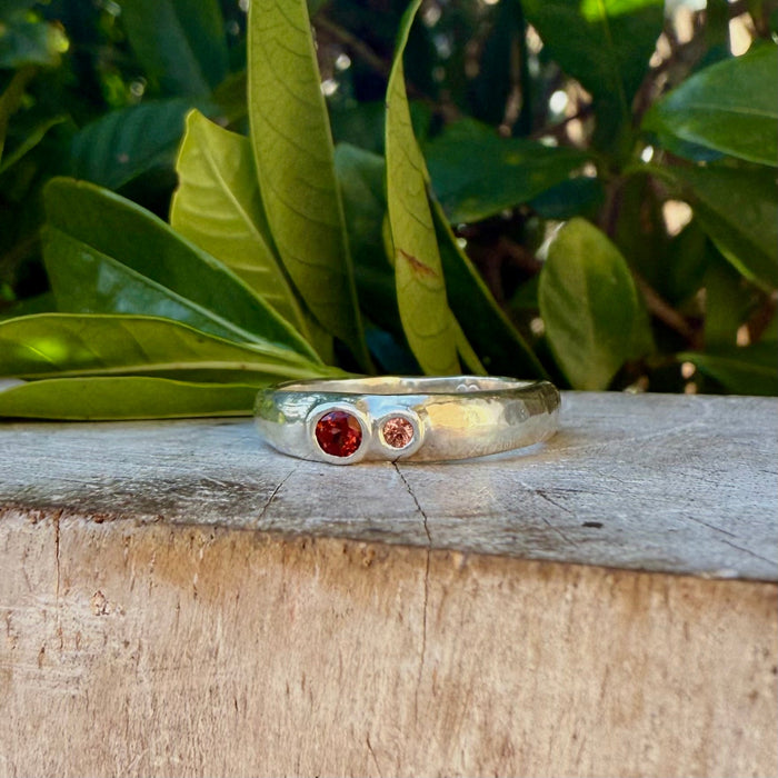Treasure Ring - Organic Sterling Silver Band Set with Garnet and Sapphire - Kathy Sayce Jewellery