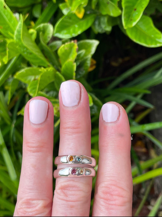 Treasure Ring - Organic Sterling Silver Band Set with Peridot and Sapphire - Kathy Sayce Jewellery
