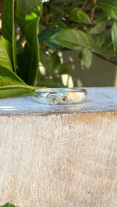 Treasure Ring - Organic Sterling Silver Band Set with Peridot and Sapphire - Kathy Sayce Jewellery