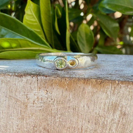 Treasure Ring - Organic Sterling Silver Band Set with Peridot and Sapphire - Kathy Sayce Jewellery