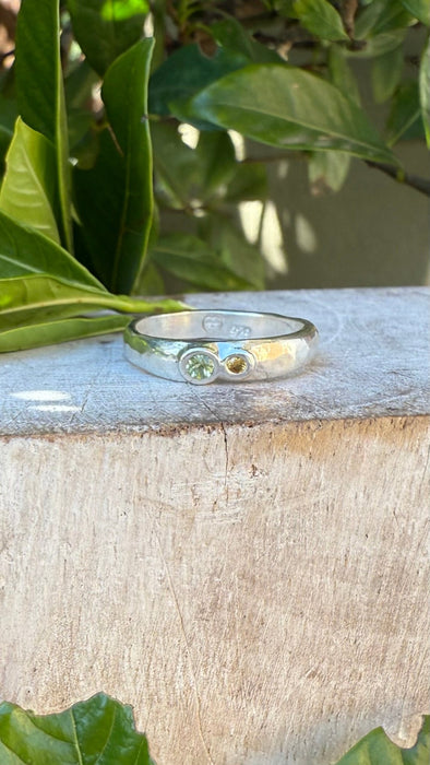 Treasure Ring - Organic Sterling Silver Band Set with Peridot and Sapphire - Kathy Sayce Jewellery