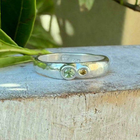 Treasure Ring - Organic Sterling Silver Band Set with Peridot and Sapphire - Kathy Sayce Jewellery