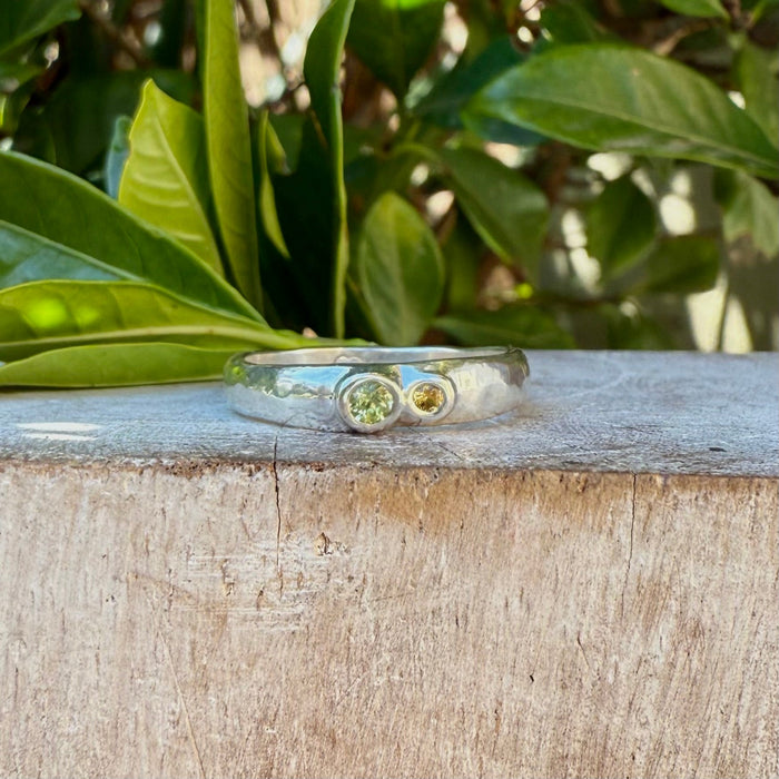 Treasure Ring - Organic Sterling Silver Band Set with Peridot and Sapphire - Kathy Sayce Jewellery