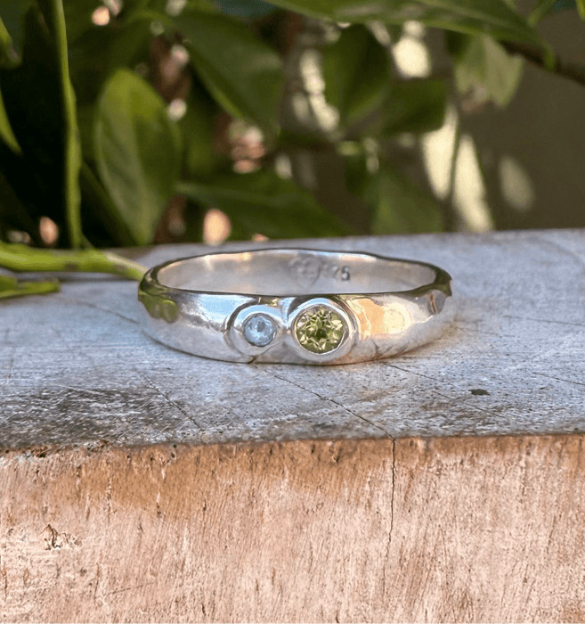 Treasure Ring - Organic Sterling Silver Band Set with Peridot and Topaz - Kathy Sayce Jewellery
