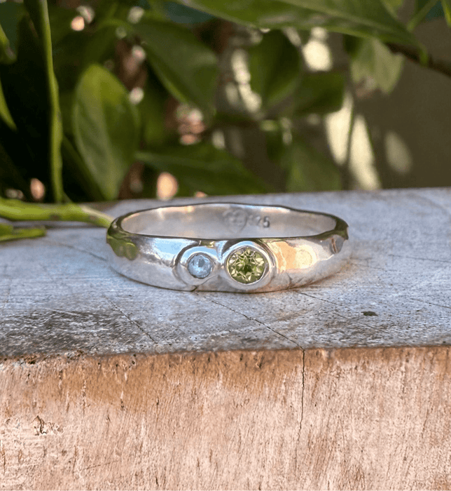 Treasure Ring - Organic Sterling Silver Band Set with Peridot and Topaz - Kathy Sayce Jewellery