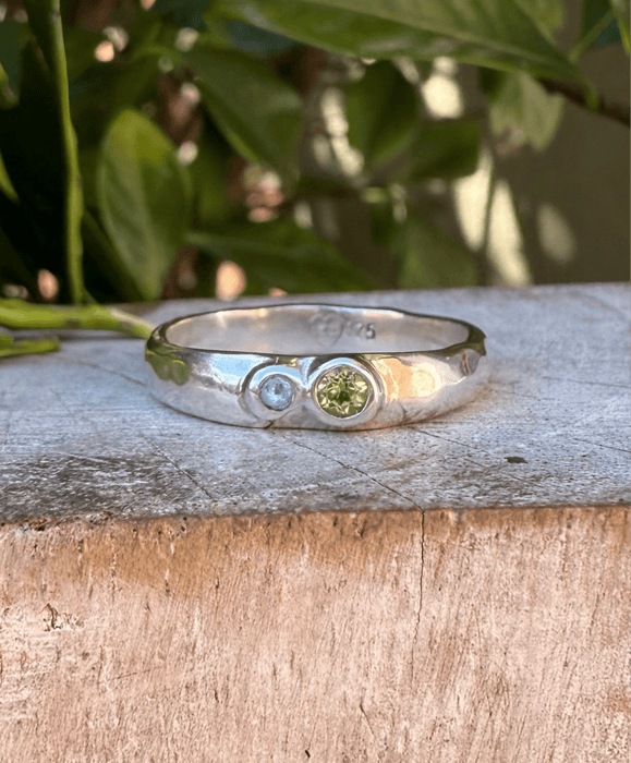 Treasure Ring - Organic Sterling Silver Band Set with Peridot and Topaz - Kathy Sayce Jewellery