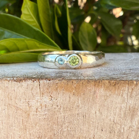 Treasure Ring - Organic Sterling Silver Band Set with Peridot and Topaz - Kathy Sayce Jewellery